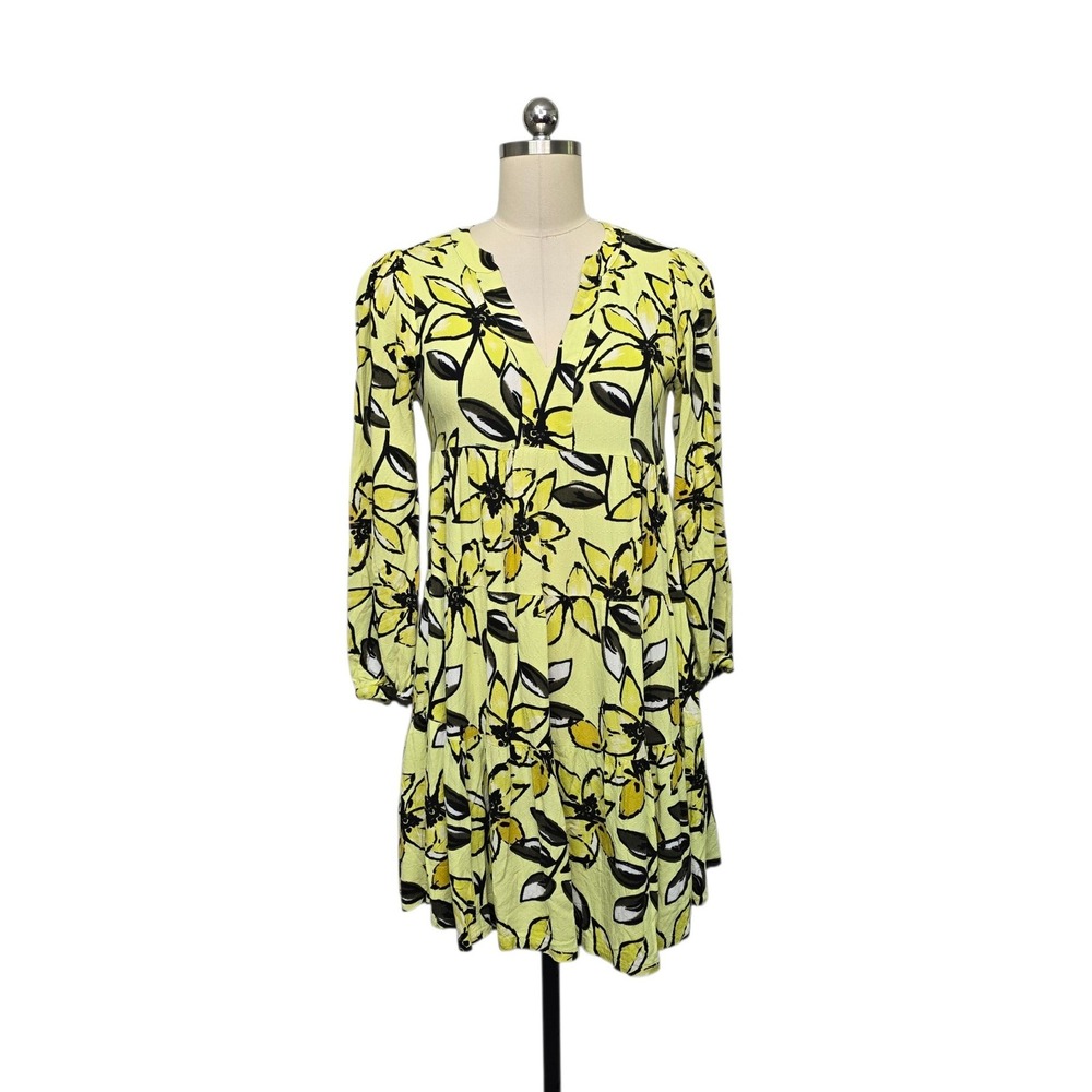 Maeve Anthropologie Yellow Floral Tiered Mini Dress XS Petite Long Sleeve V-Neck